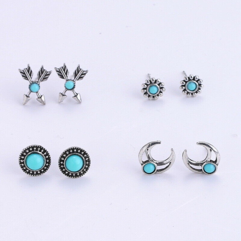 4 Pair Boho Arrows Turquoise and Silver Earrings - Picture 4 of 7